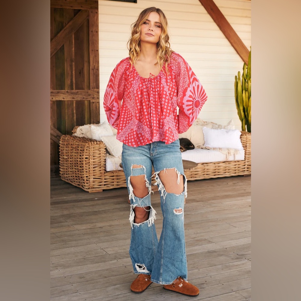 FREE PEOPLE Boho Floral Printed Flowy Blouse - Size XS - Red Combo - NWT - Picture 14 of 16
